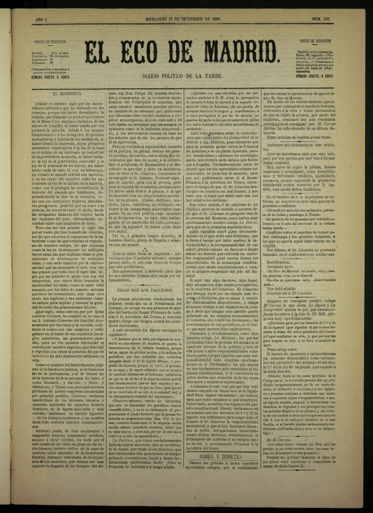 Miniatura de El Eco de Madrid : diario político de la tarde del 15 de septiembre de 1880, nº 163