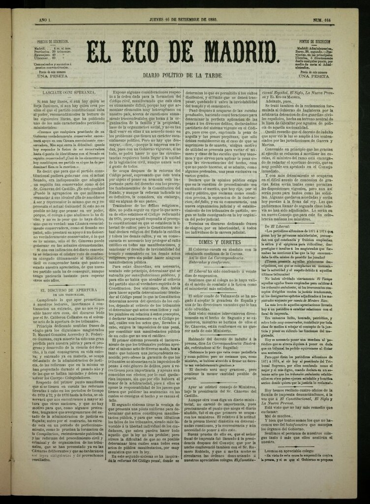Miniatura de El Eco de Madrid : diario político de la tarde del 16 de septiembre de 1880, nº 164