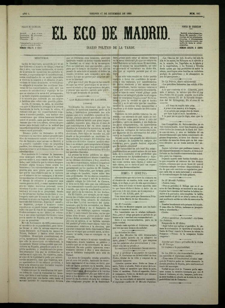 Miniatura de El Eco de Madrid : diario político de la tarde del 17 de septiembre de 1880, nº 165