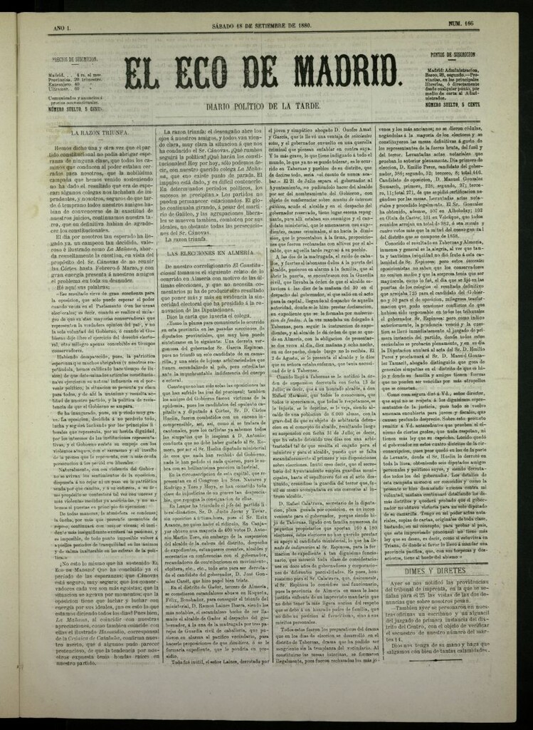 Miniatura de El Eco de Madrid : diario político de la tarde del 18 de septiembre de 1880, nº 166