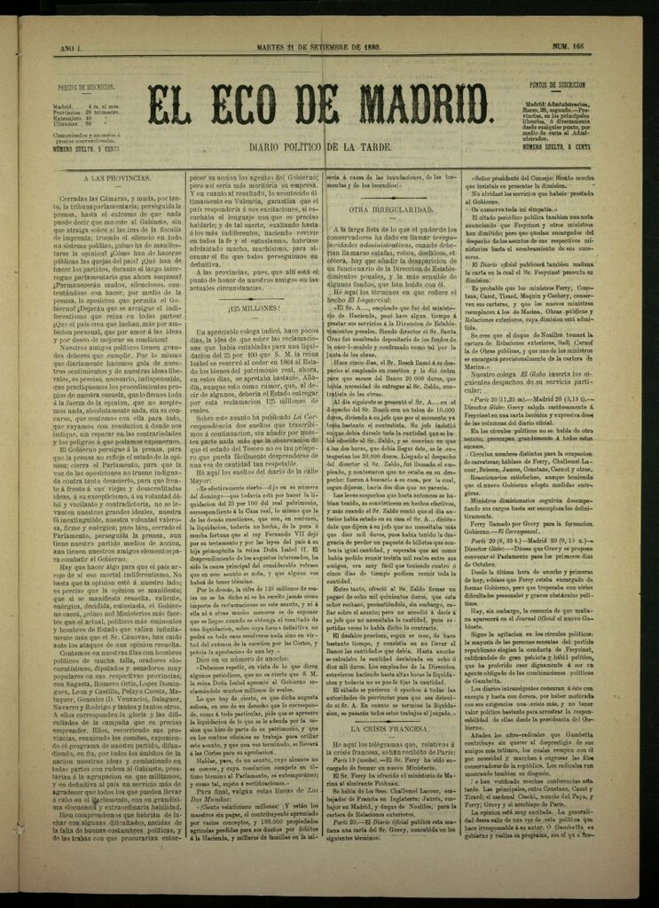 Miniatura de El Eco de Madrid : diario político de la tarde del 21 de septiembre de 1880, nº 168