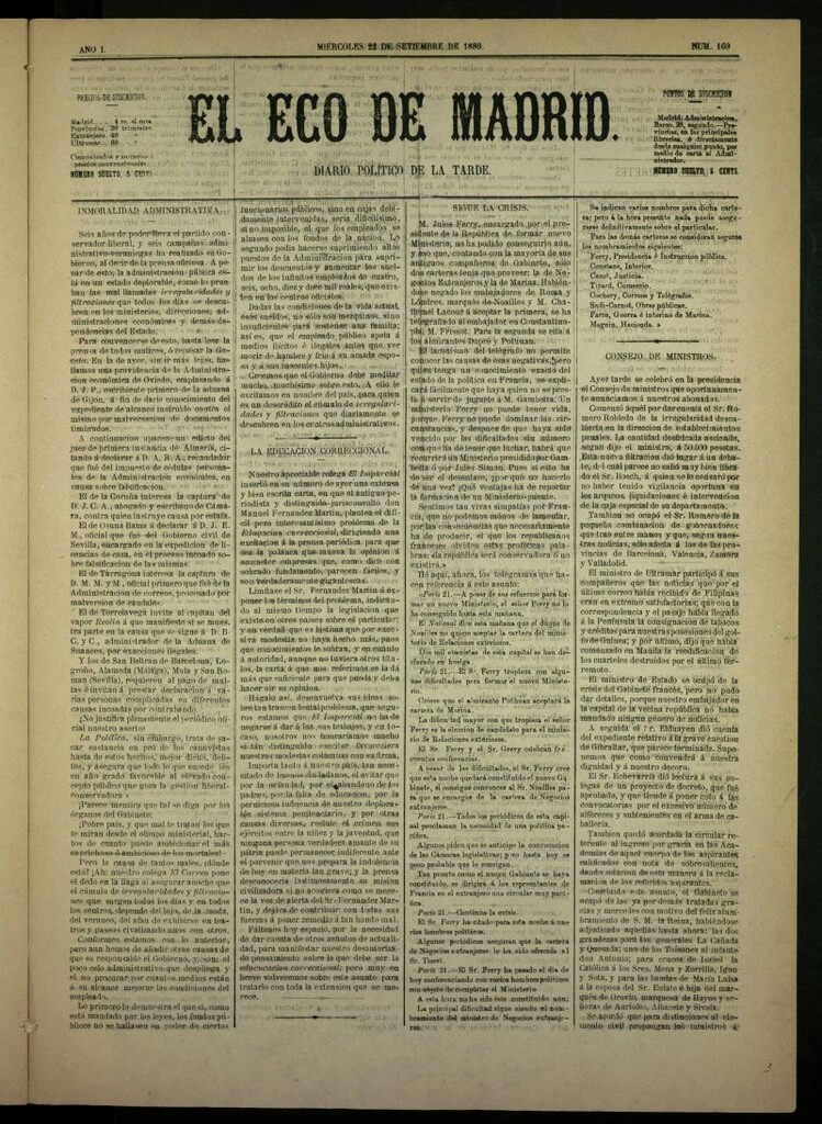 Miniatura de El Eco de Madrid : diario político de la tarde del 22 de septiembre de 1880, nº 169