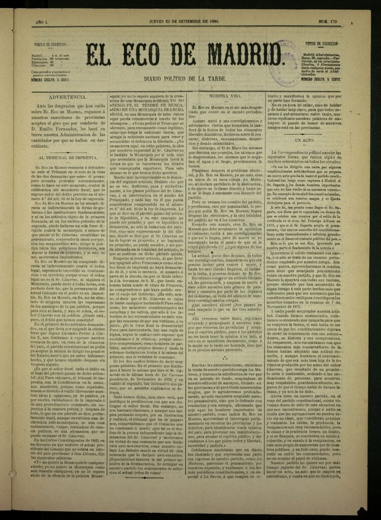 Miniatura de El Eco de Madrid : diario político de la tarde del 23 de septiembre de 1880, nº 170