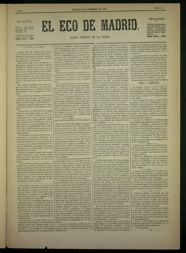 Miniatura de El Eco de Madrid : diario político de la tarde del 24 de septiembre de 1880, nº 171