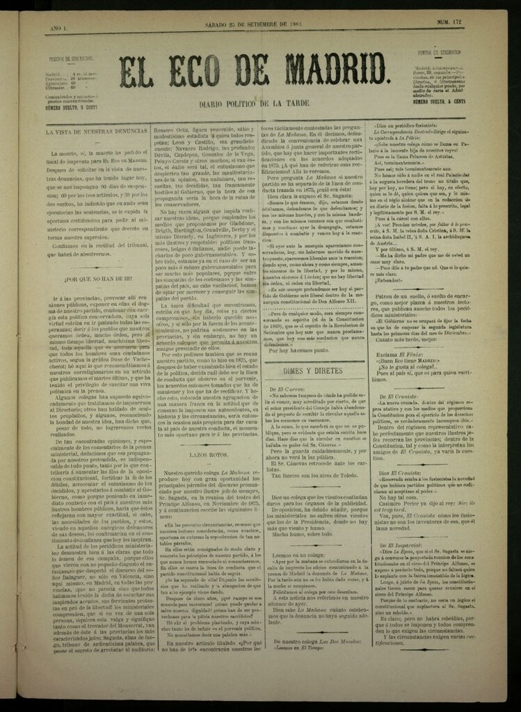 Miniatura de El Eco de Madrid : diario político de la tarde del 25 de septiembre de 1880, nº 172