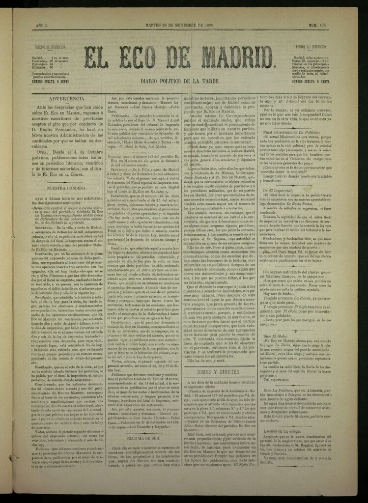 Miniatura de El Eco de Madrid : diario político de la tarde del 28 de septiembre de 1880, nº 174