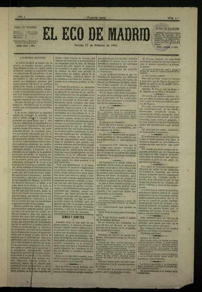 Miniatura de El Eco de Madrid : diario político de la tarde del 17 de febrero de 1881, nº 1