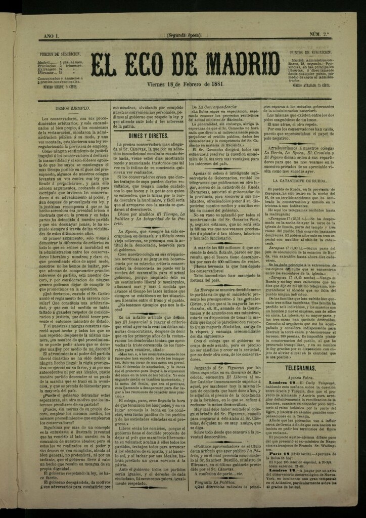 Miniatura de El Eco de Madrid : diario político de la tarde del 18 de febrero de 1881, nº 2