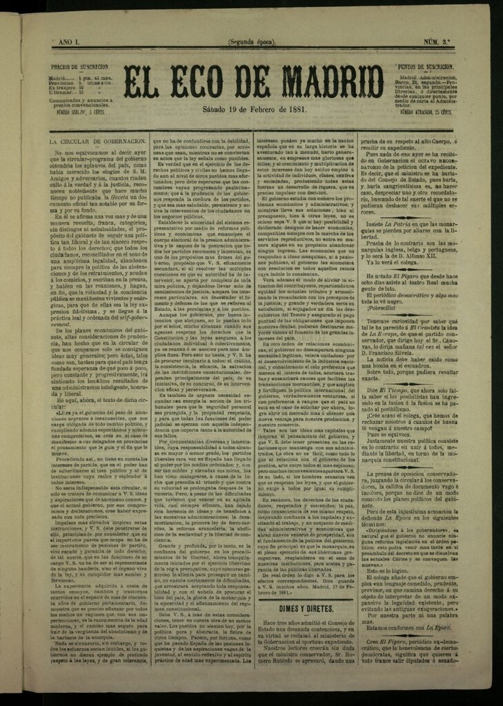 Miniatura de El Eco de Madrid : diario político de la tarde del 19 de febrero de 1881, nº 3