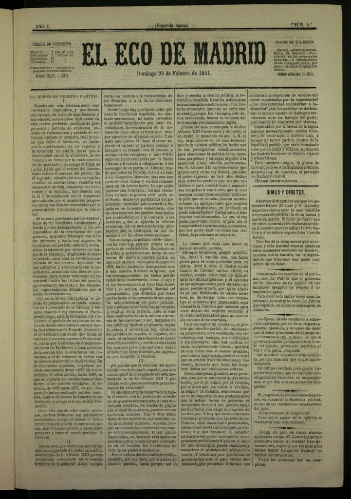 Miniatura de El Eco de Madrid : diario político de la tarde del 20 de febrero de 1881, nº 4