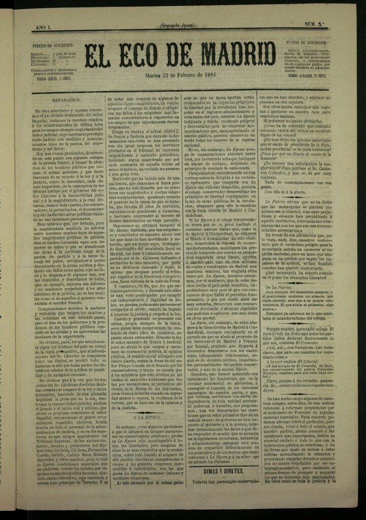 Miniatura de El Eco de Madrid : diario político de la tarde del 22 de febrero de 1881, nº 5