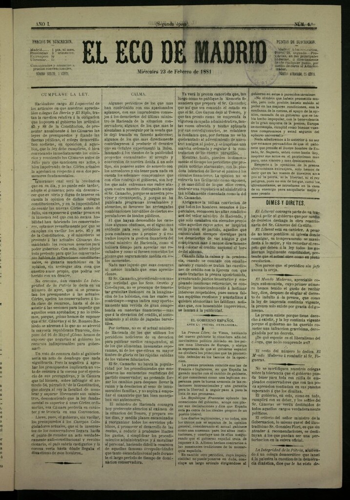 Miniatura de El Eco de Madrid : diario político de la tarde del 23 de febrero de 1881, nº 6