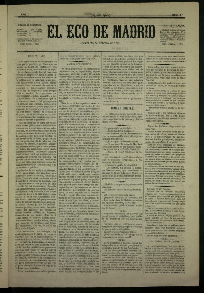 Miniatura de El Eco de Madrid : diario político de la tarde del 24 de febrero de 1881, nº 7