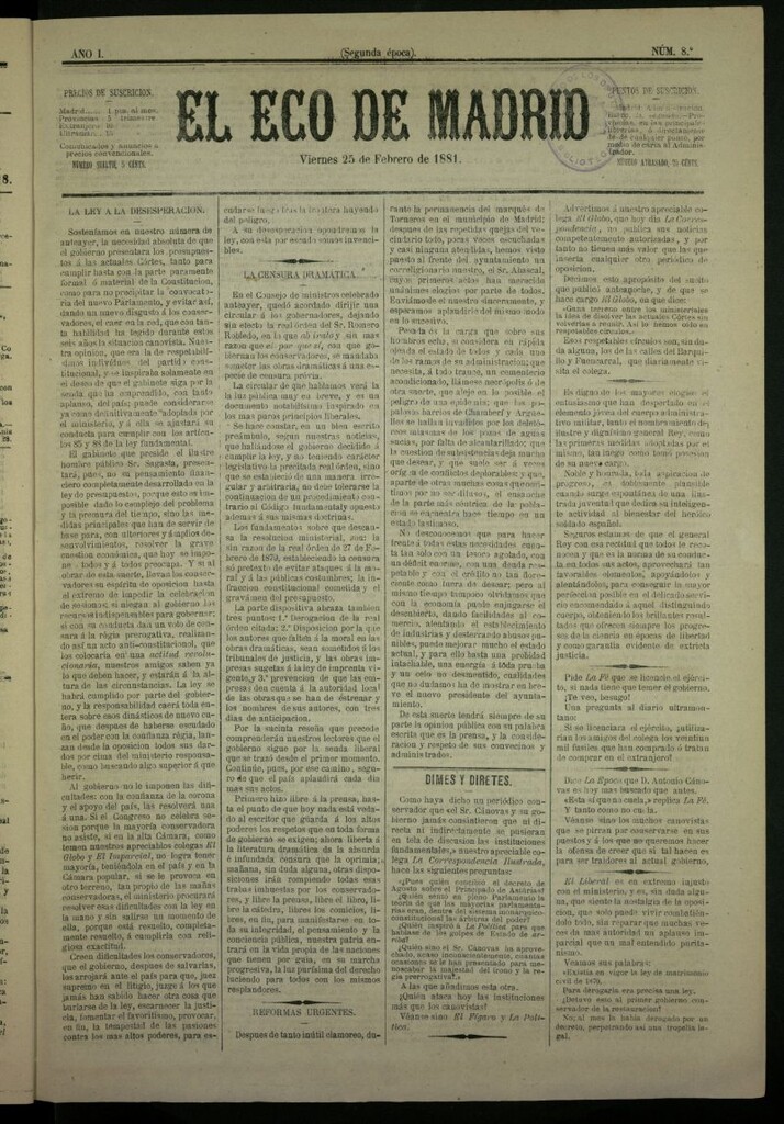 Miniatura de El Eco de Madrid : diario político de la tarde del 25 de febrero de 1881, nº 8