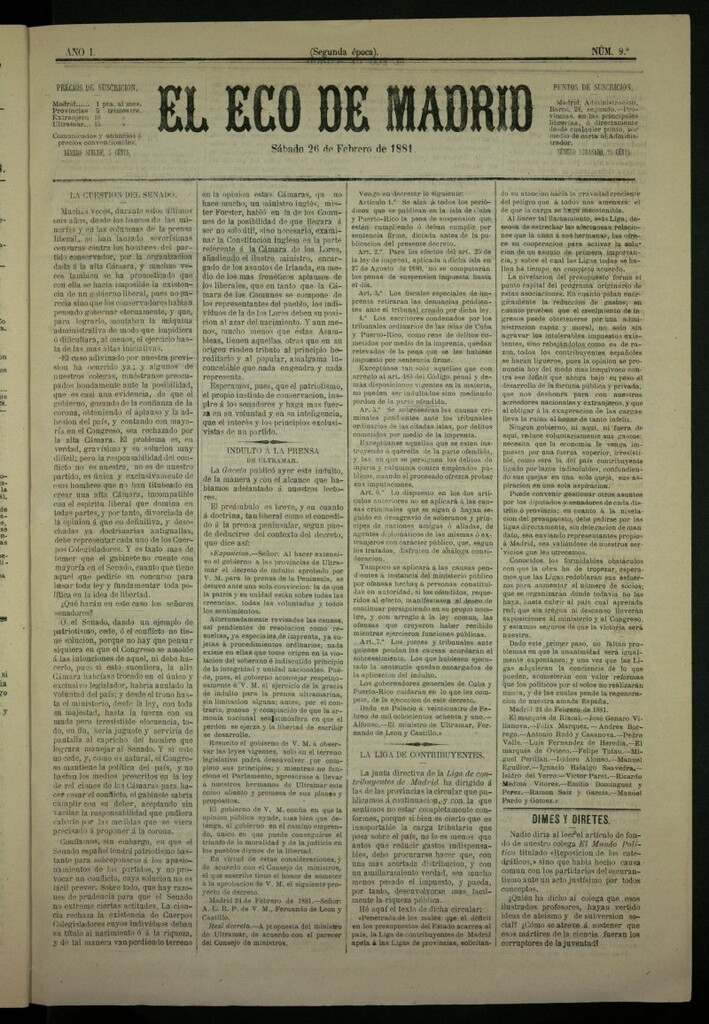 Miniatura de El Eco de Madrid : diario político de la tarde del 26 de febrero de 1881, nº 9
