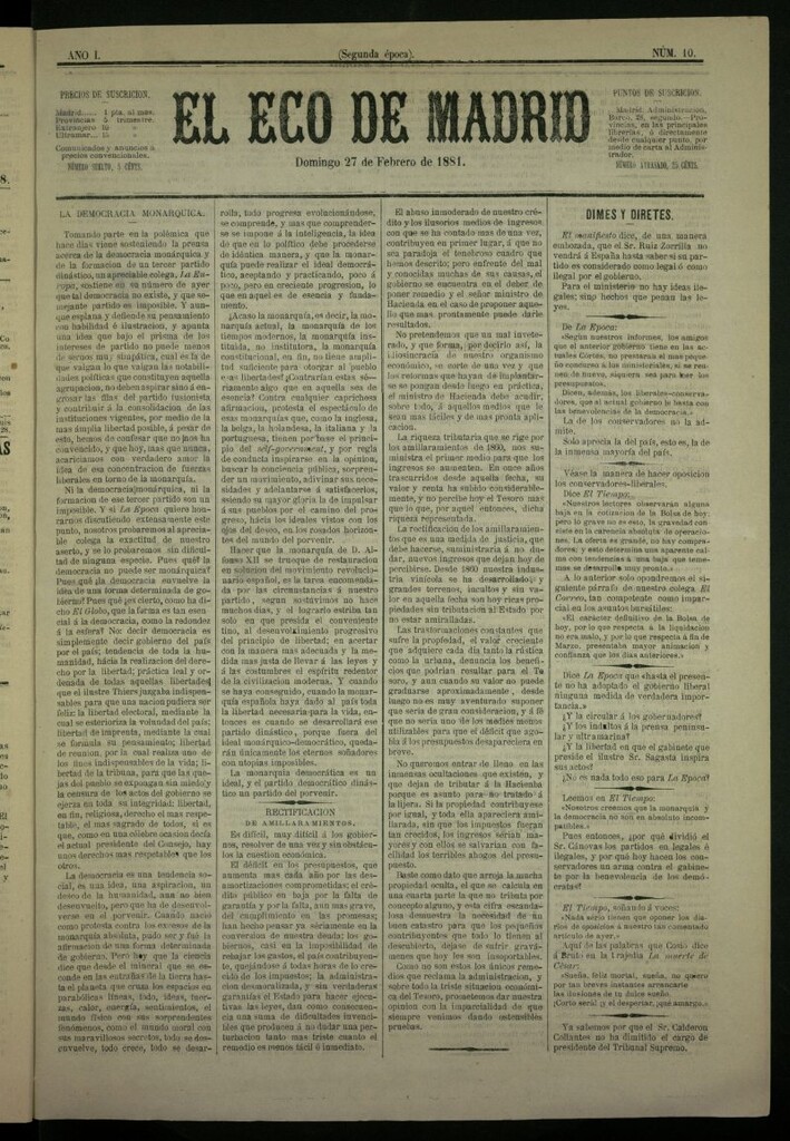 Miniatura de El Eco de Madrid : diario político de la tarde del 27 de febrero de 1881, nº 10