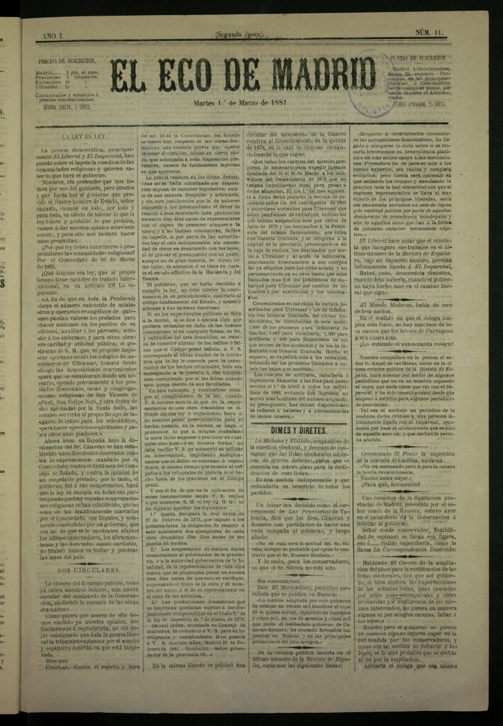 Miniatura de El Eco de Madrid : diario político de la tarde del 1 de marzo de 1881, nº 11