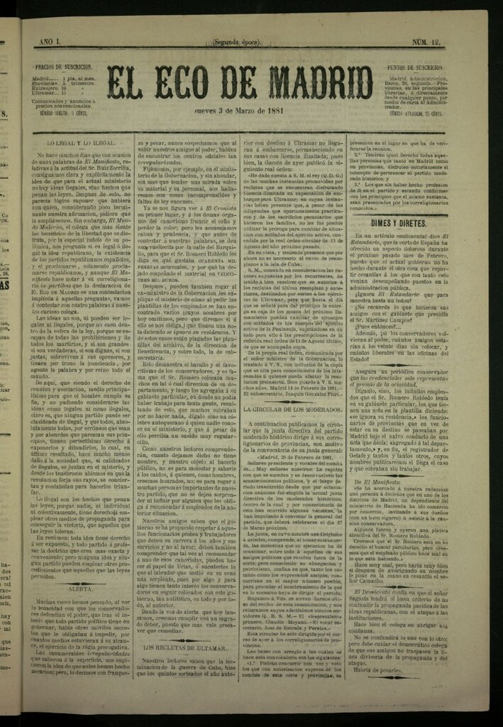 Miniatura de El Eco de Madrid : diario político de la tarde del 3 de marzo de 1881, nº 12