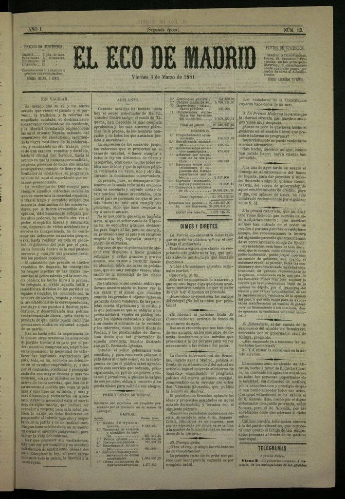 Miniatura de El Eco de Madrid : diario político de la tarde del 4 de marzo de 1881, nº 13