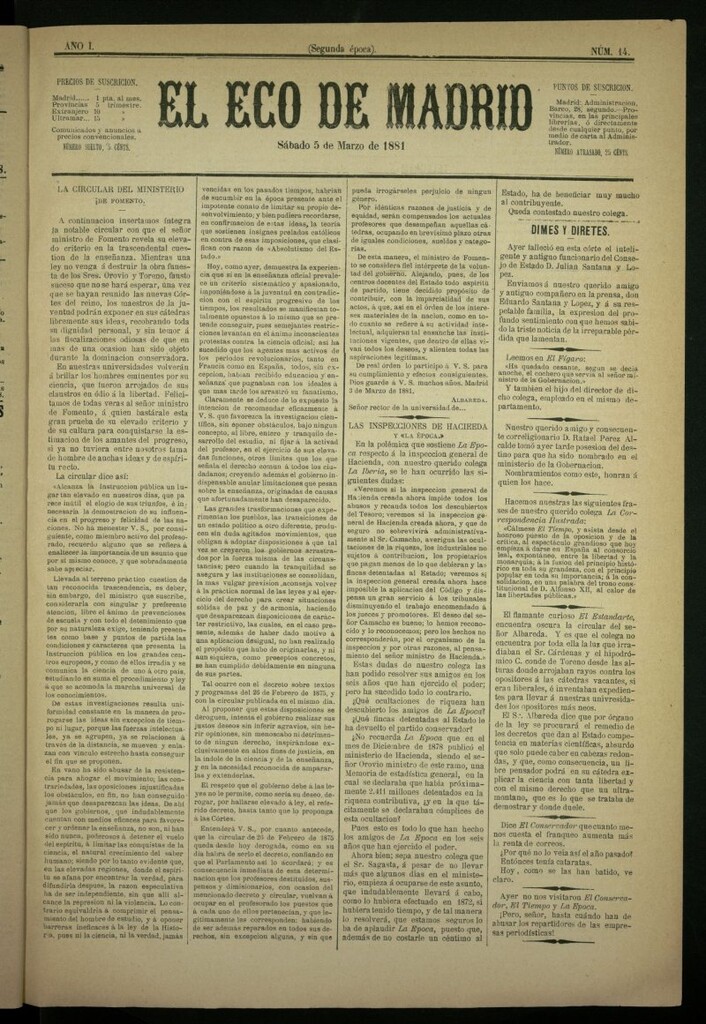 Miniatura de El Eco de Madrid : diario político de la tarde del 5 de marzo de 1881, nº 14