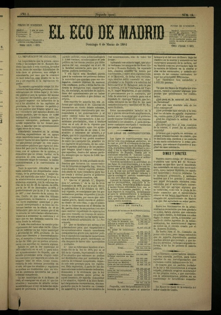 Miniatura de El Eco de Madrid : diario político de la tarde del 6 de marzo de 1881, nº 15