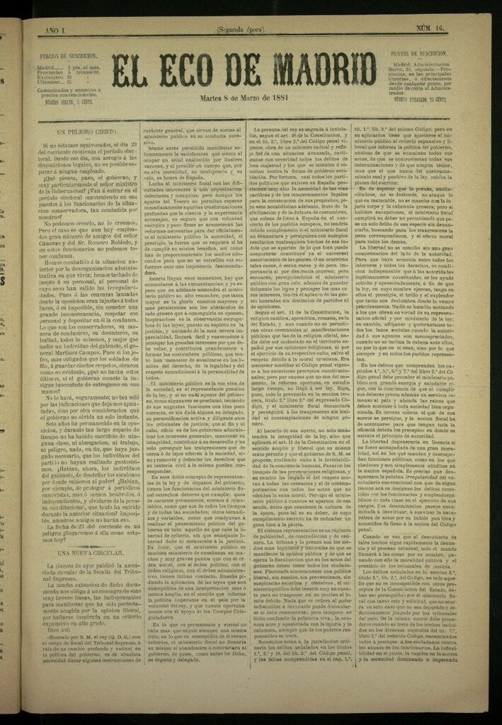 Miniatura de El Eco de Madrid : diario político de la tarde del 8 de marzo de 1881, nº 16
