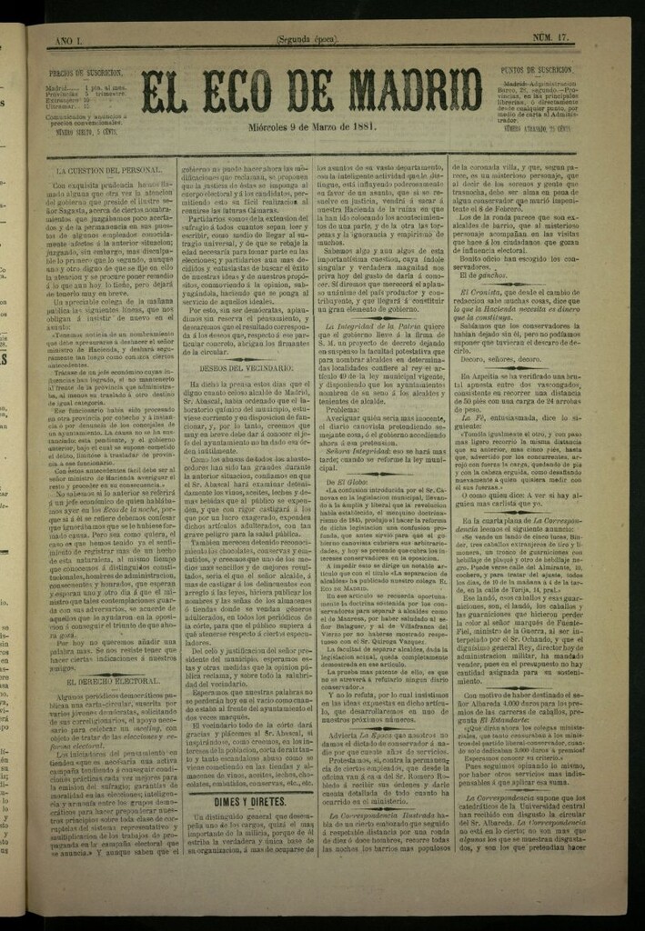 Miniatura de El Eco de Madrid : diario político de la tarde del 9 de marzo de 1881, nº 17