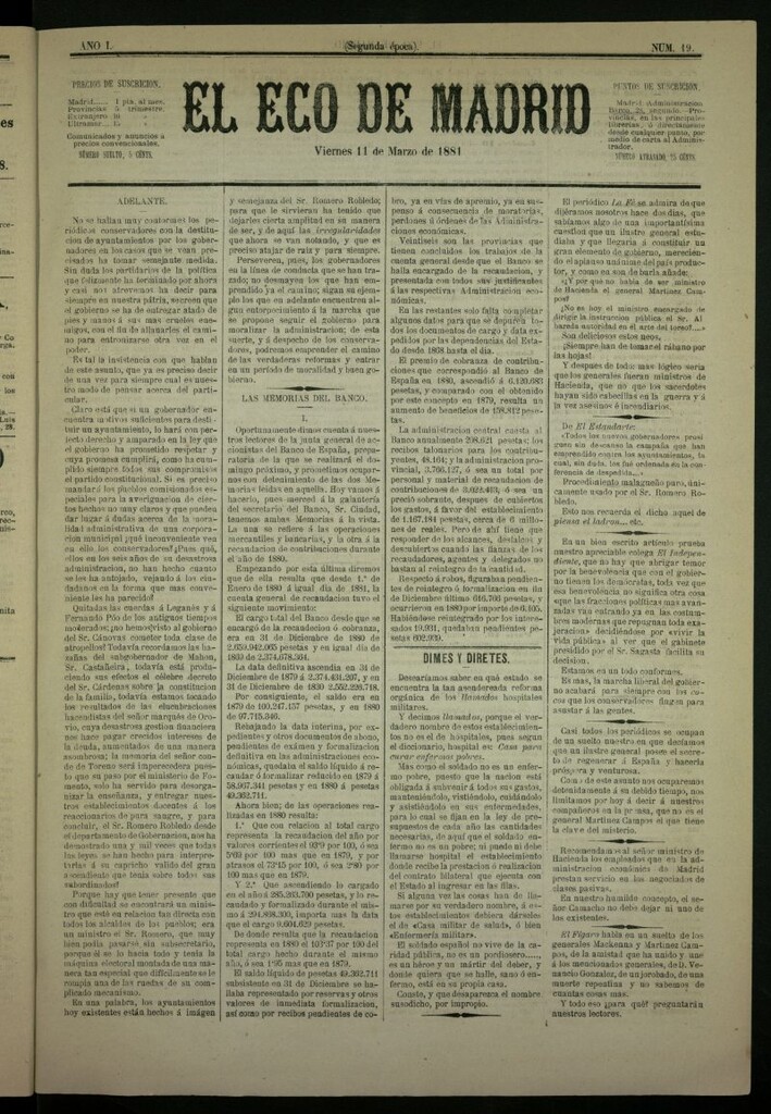 Miniatura de El Eco de Madrid : diario político de la tarde del 11 de marzo de 1881, nº 19
