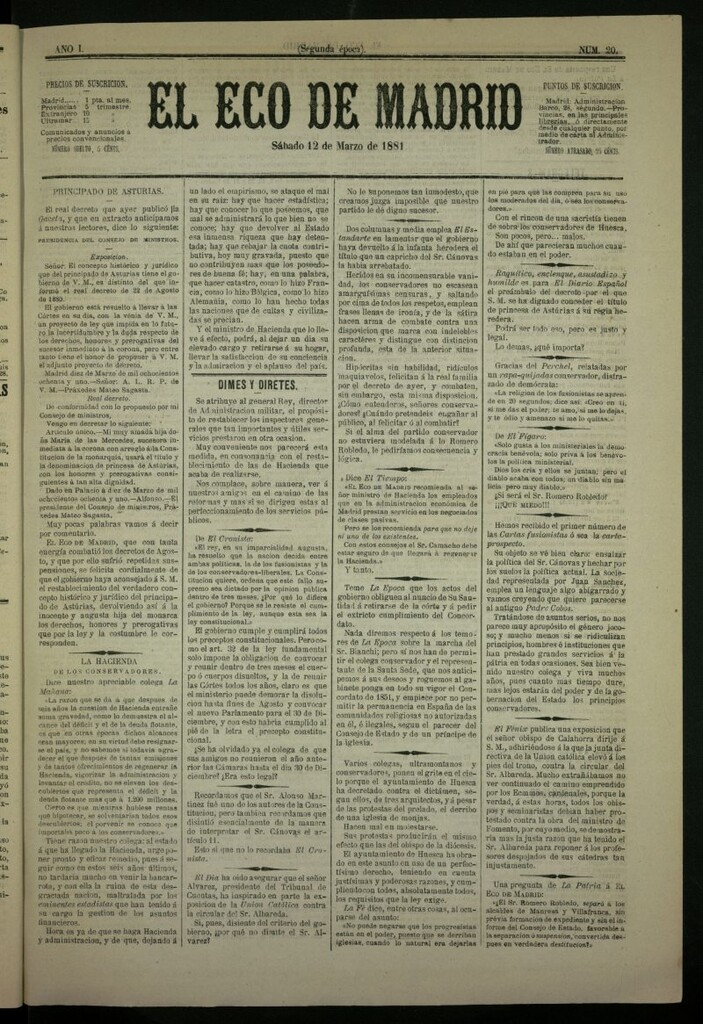 Miniatura de El Eco de Madrid : diario político de la tarde del 12 de marzo de 1881, nº 20