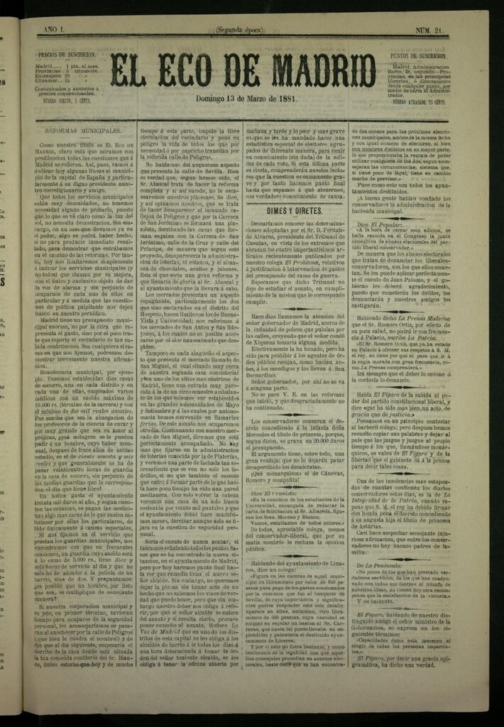 Miniatura de El Eco de Madrid : diario político de la tarde del 13 de marzo de 1881, nº 21
