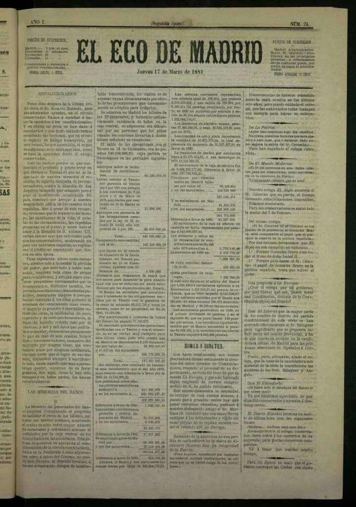 Miniatura de El Eco de Madrid : diario político de la tarde del 17 de marzo de 1881, nº 24