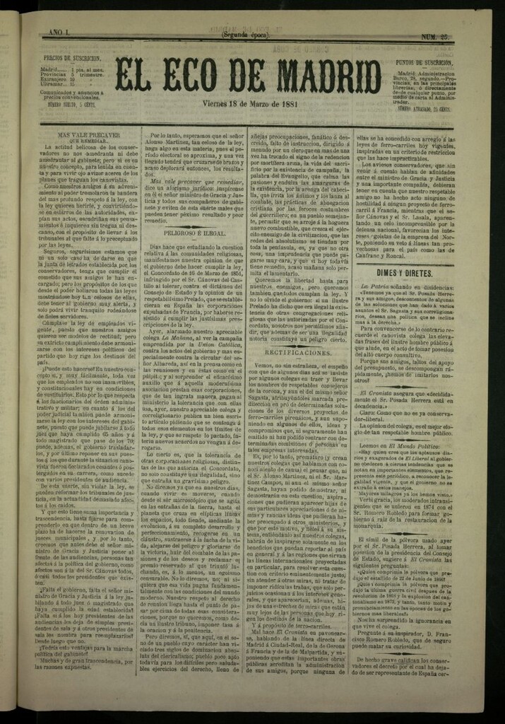 Miniatura de El Eco de Madrid : diario político de la tarde del 18 de marzo de 1881, nº 25