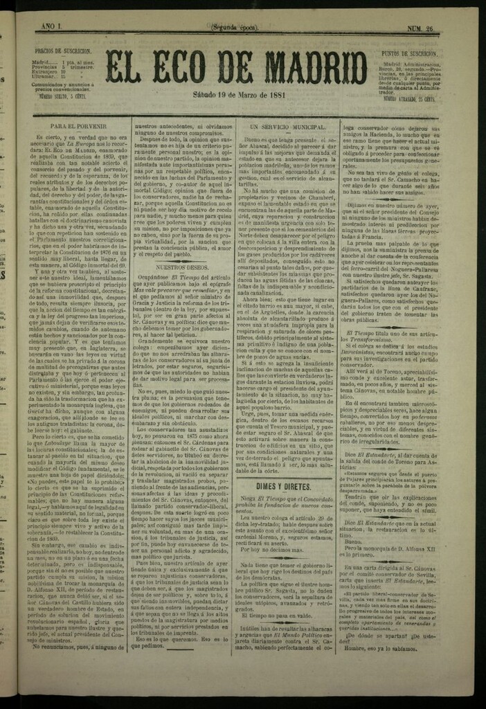 Miniatura de El Eco de Madrid : diario político de la tarde del 19 de marzo de 1881, nº 26