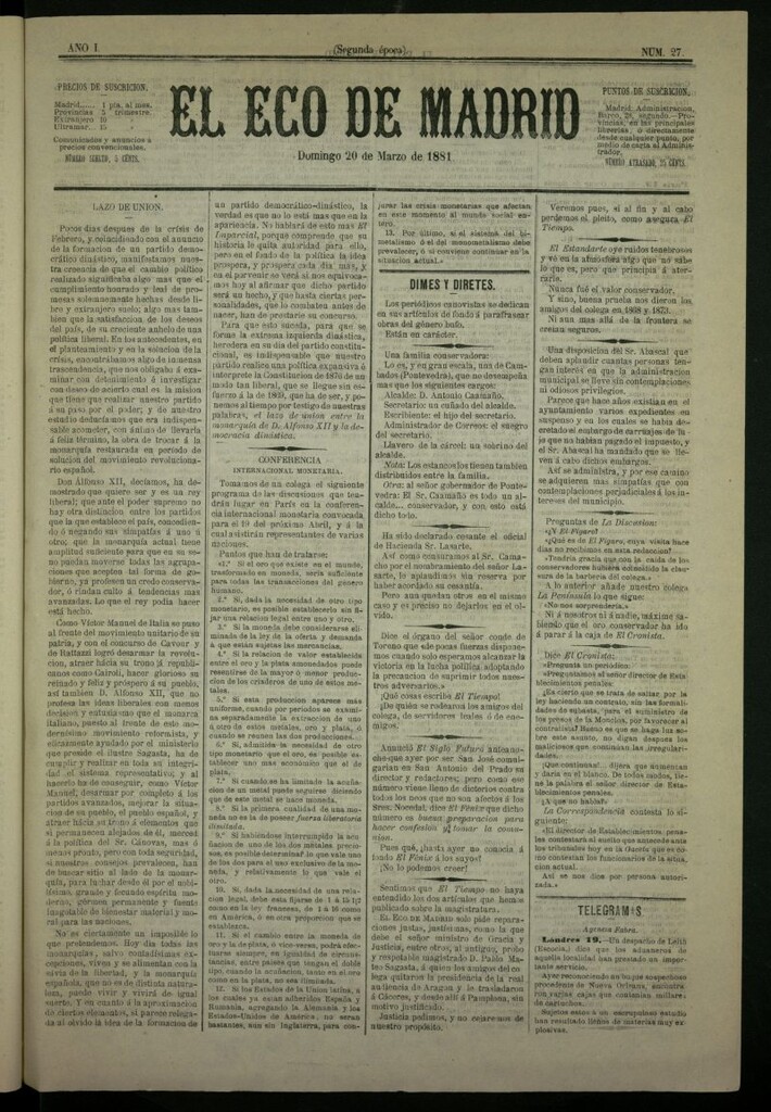 Miniatura de El Eco de Madrid : diario político de la tarde del 20 de marzo de 1881, nº 27