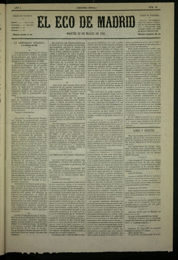 Miniatura de El Eco de Madrid : diario político de la tarde del 22 de marzo de 1881, nº 28