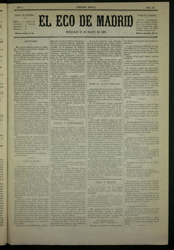 Miniatura de El Eco de Madrid : diario político de la tarde del 23 de marzo de 1881, nº 29