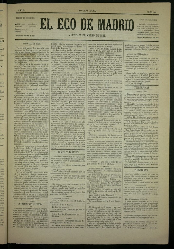 Miniatura de El Eco de Madrid : diario político de la tarde del 24 de marzo de 1881, nº 30