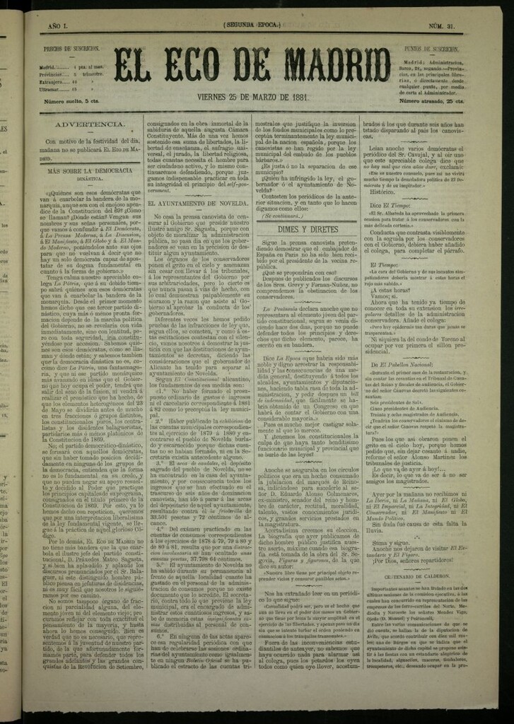 Miniatura de El Eco de Madrid : diario político de la tarde del 25 de marzo de 1881, nº 31