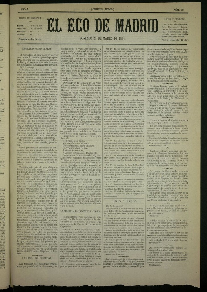 Miniatura de El Eco de Madrid : diario político de la tarde del 27 de marzo de 1881, nº 32