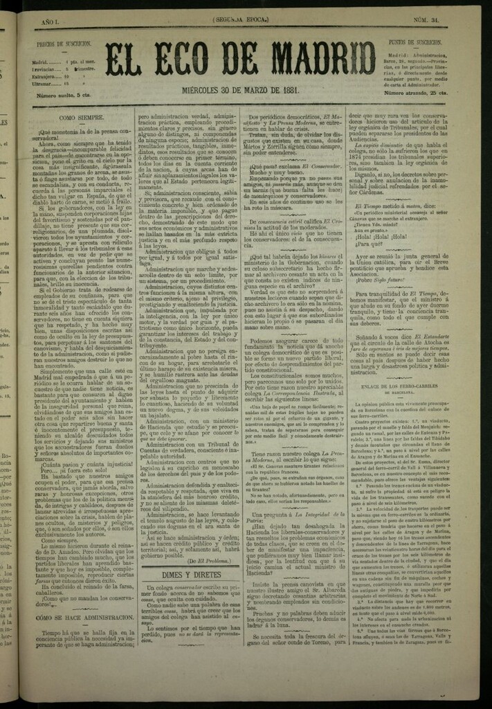 Miniatura de El Eco de Madrid : diario político de la tarde del 30 de marzo de 1881, nº 34