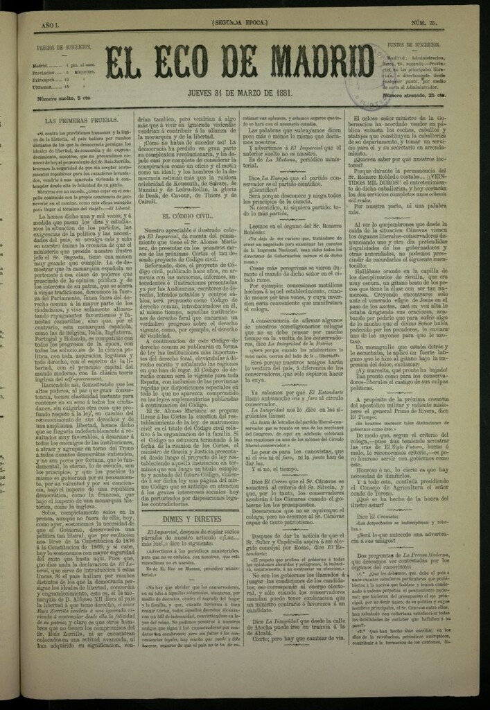 Miniatura de El Eco de Madrid : diario político de la tarde del 31 de marzo de 1881, nº 35