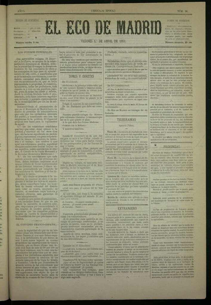 Miniatura de El Eco de Madrid : diario político de la tarde del 1 de abril de 1881, nº 36