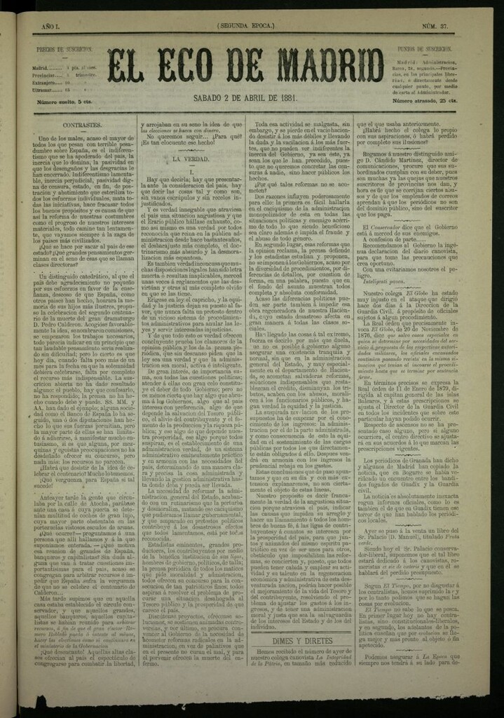 Miniatura de El Eco de Madrid : diario político de la tarde del 2 de abril de 1881, nº 37