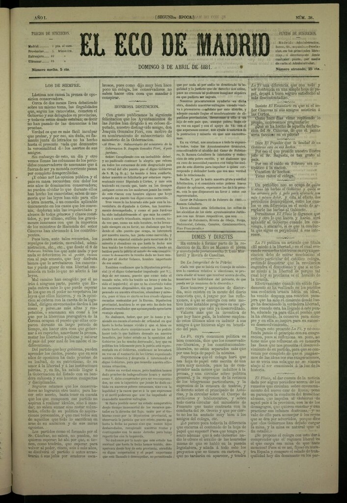 Miniatura de El Eco de Madrid : diario político de la tarde del 3 de abril de 1881, nº 38