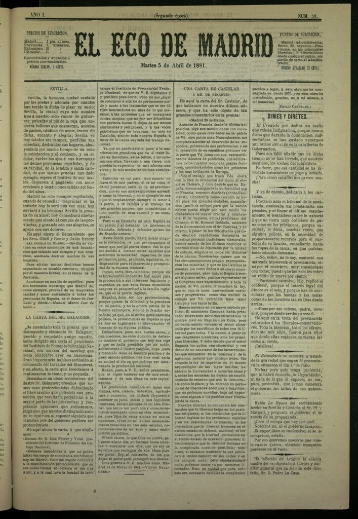 Miniatura de El Eco de Madrid : diario político de la tarde del 5 de abril de 1881, nº 39