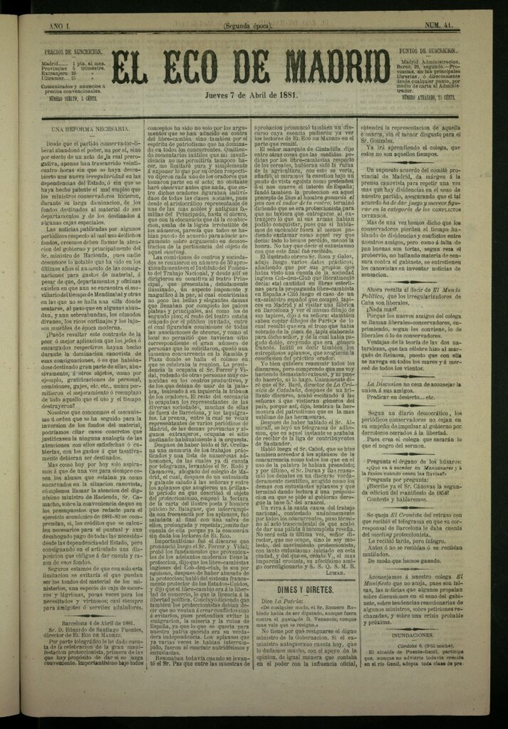 Miniatura de El Eco de Madrid : diario político de la tarde del 7 de abril de 1881, nº 41