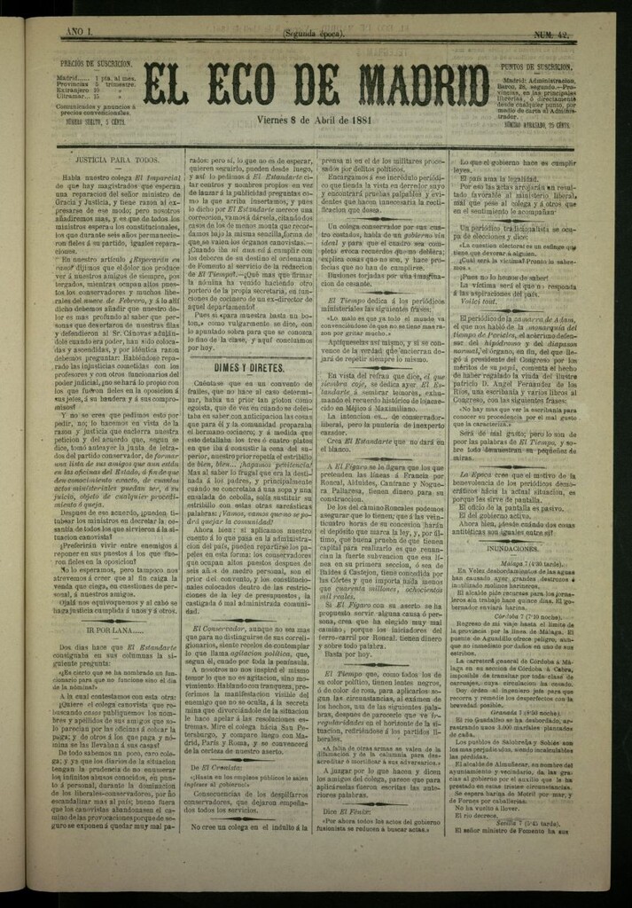 Miniatura de El Eco de Madrid : diario político de la tarde del 8 de abril de 1881, nº 42