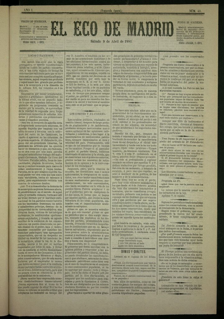 Miniatura de El Eco de Madrid : diario político de la tarde del 9 de abril de 1881, nº 43