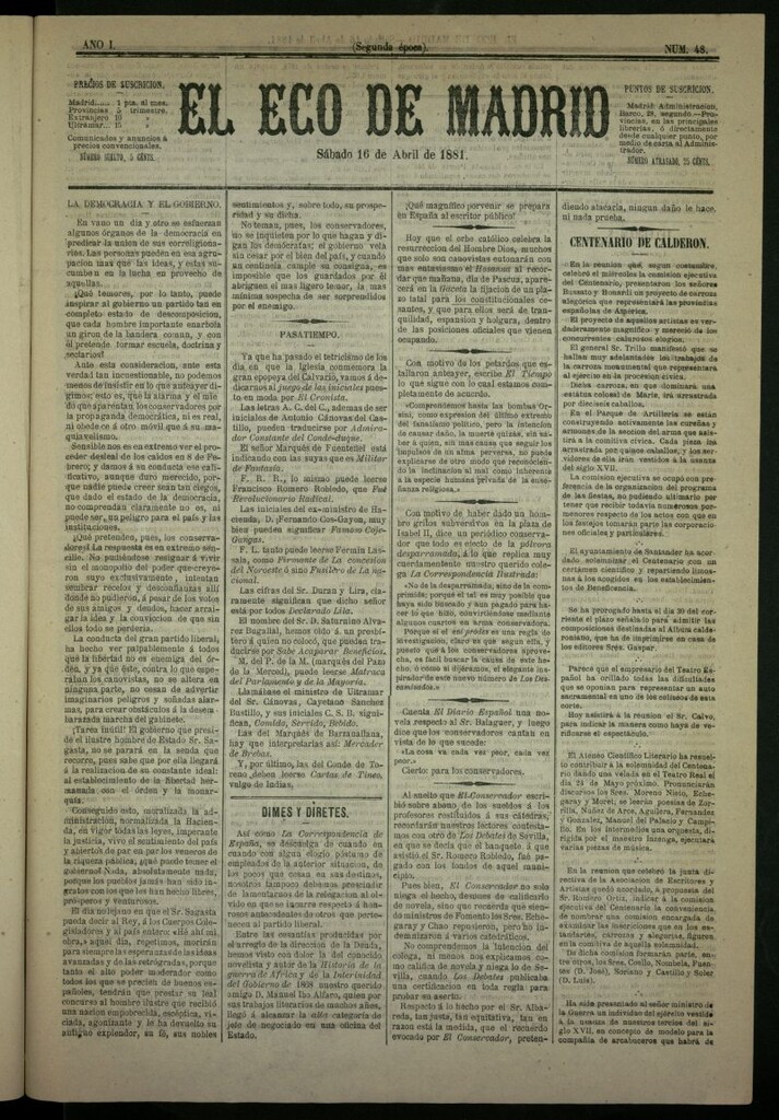 Miniatura de El Eco de Madrid : diario político de la tarde del 16 de abril de 1881, nº 48