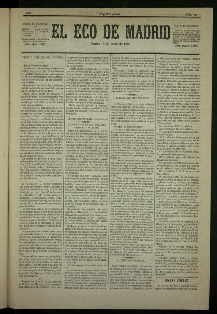 Miniatura de El Eco de Madrid : diario político de la tarde del 19 de abril de 1881, nº 50